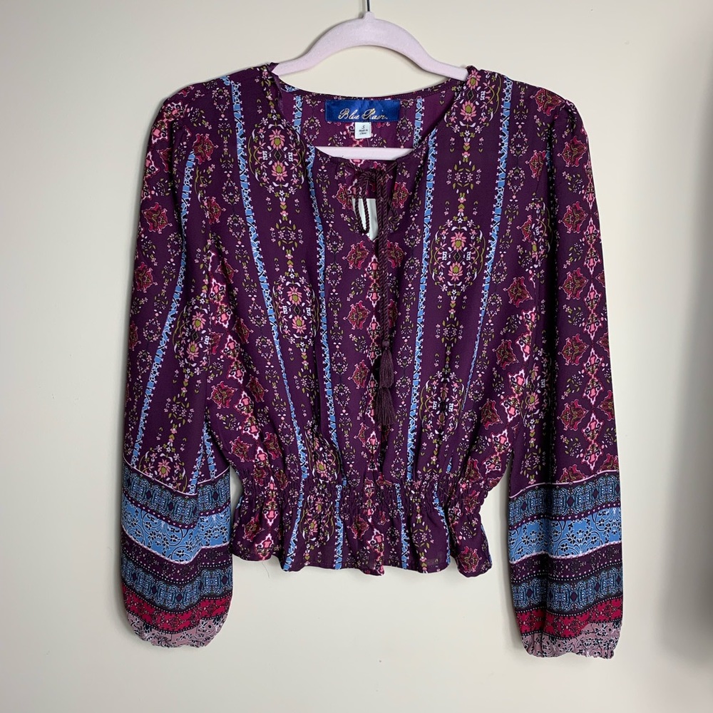 Francesca’s Blue Rain Floral Print Blouse Sz Small